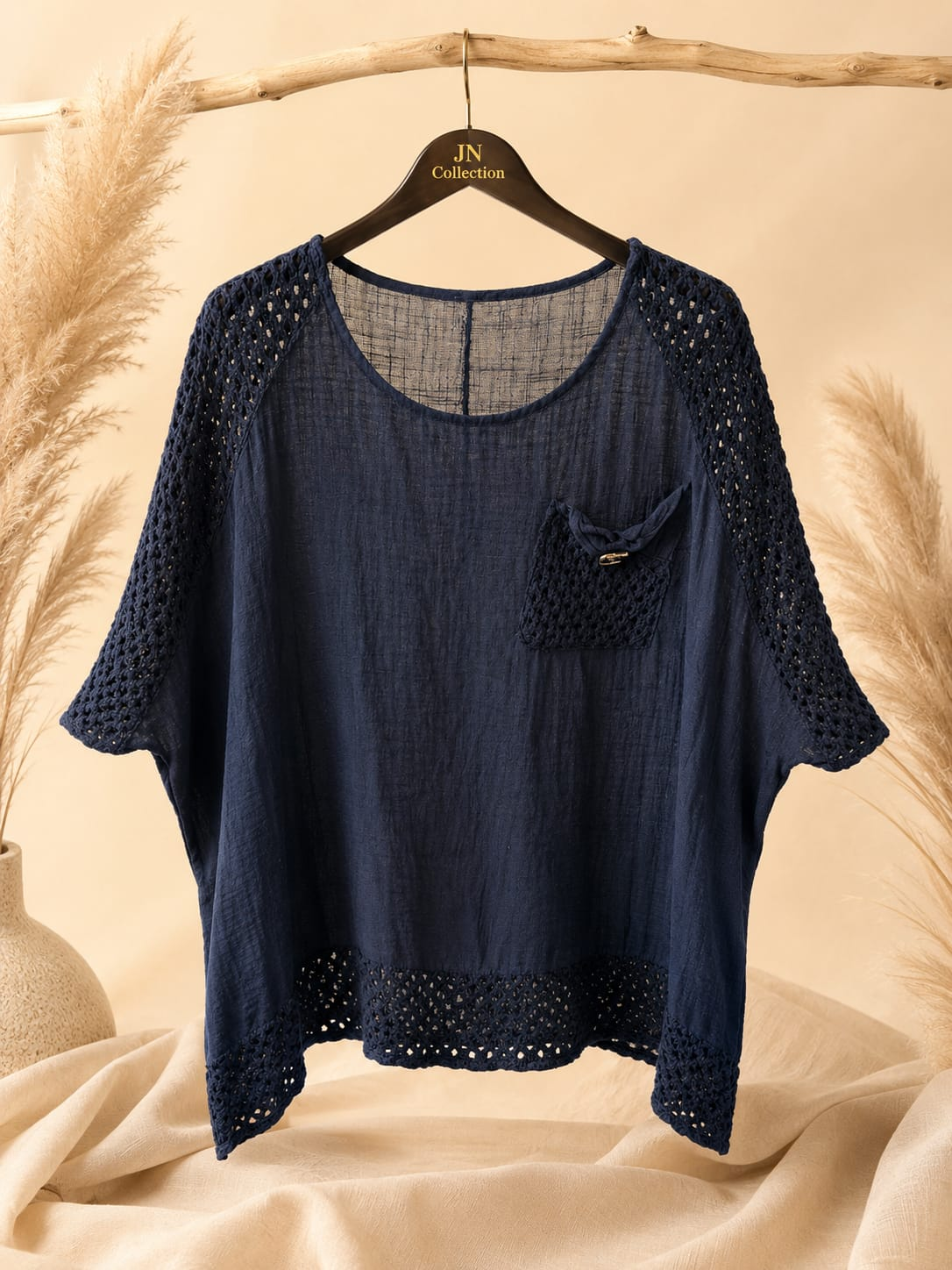 Damen Baumwoll Bluse Oversize Netzdetails Brusttasche Kurzarm Sommer – Produktbild 6