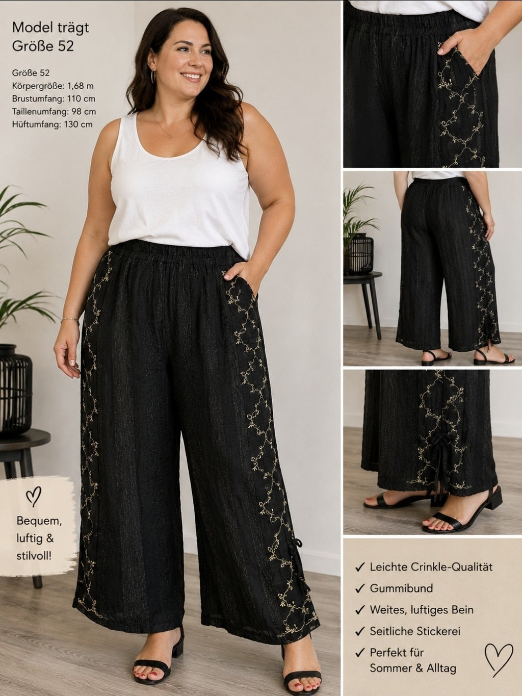 Damen Crinkle Hose Schwarz Stickerei Leinenlook Gummibund Größe 46–52/54 – Produktbild 1