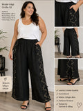 Damen Crinkle Hose Schwarz Stickerei Leinenlook Gummibund Größe 46–52/54 – Produktbild 1