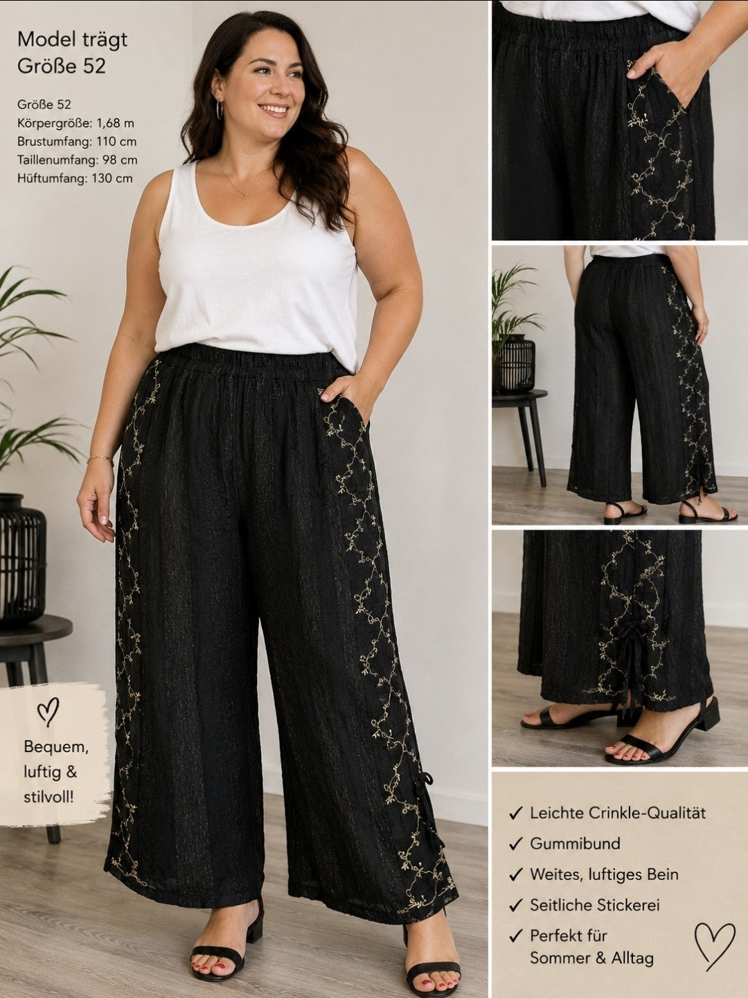 Damen Crinkle Hose Schwarz Stickerei Leinenlook Gummibund Größe 46–52/54 – Produktbild 1