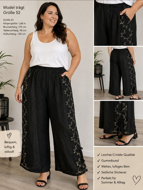 Damen Crinkle Hose Schwarz Stickerei Leinenlook Gummibund Größe 46–52/54 – Produktbild 1