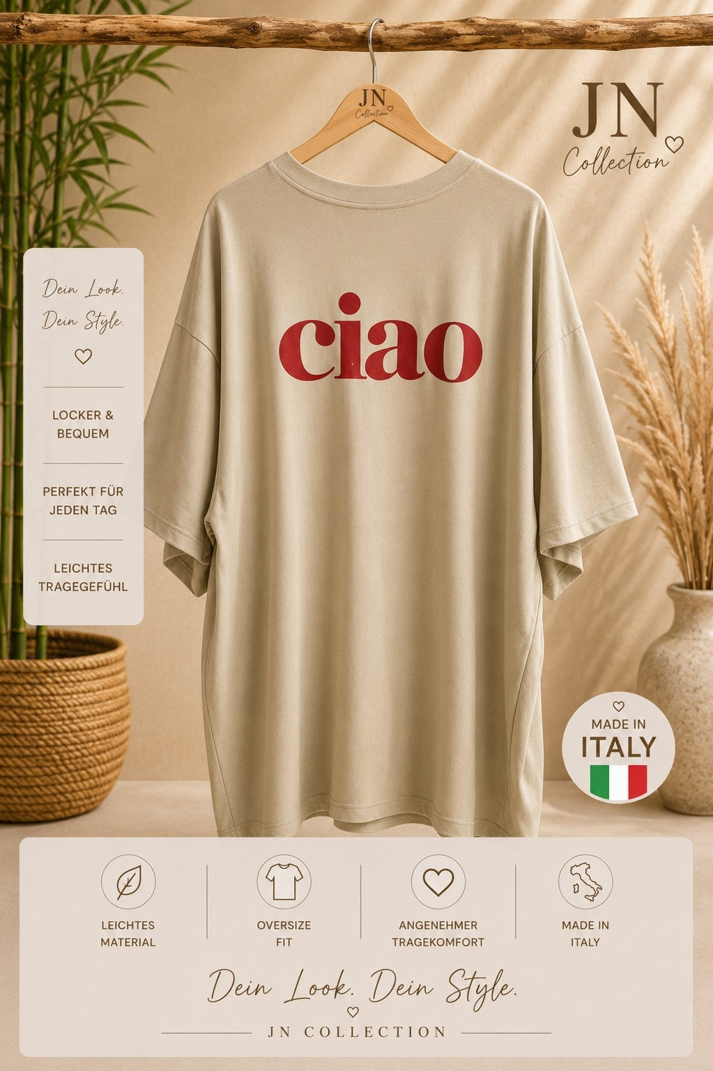 Damen Oversize T-Shirt Größe 44–58 Beige Ciao Print AA 75 Made in Italy – Produktbild 1