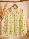 Damen Musselin Bluse Grün Herzen Streifen Baumwolle Langarm Made in Italy – Produktbild 1