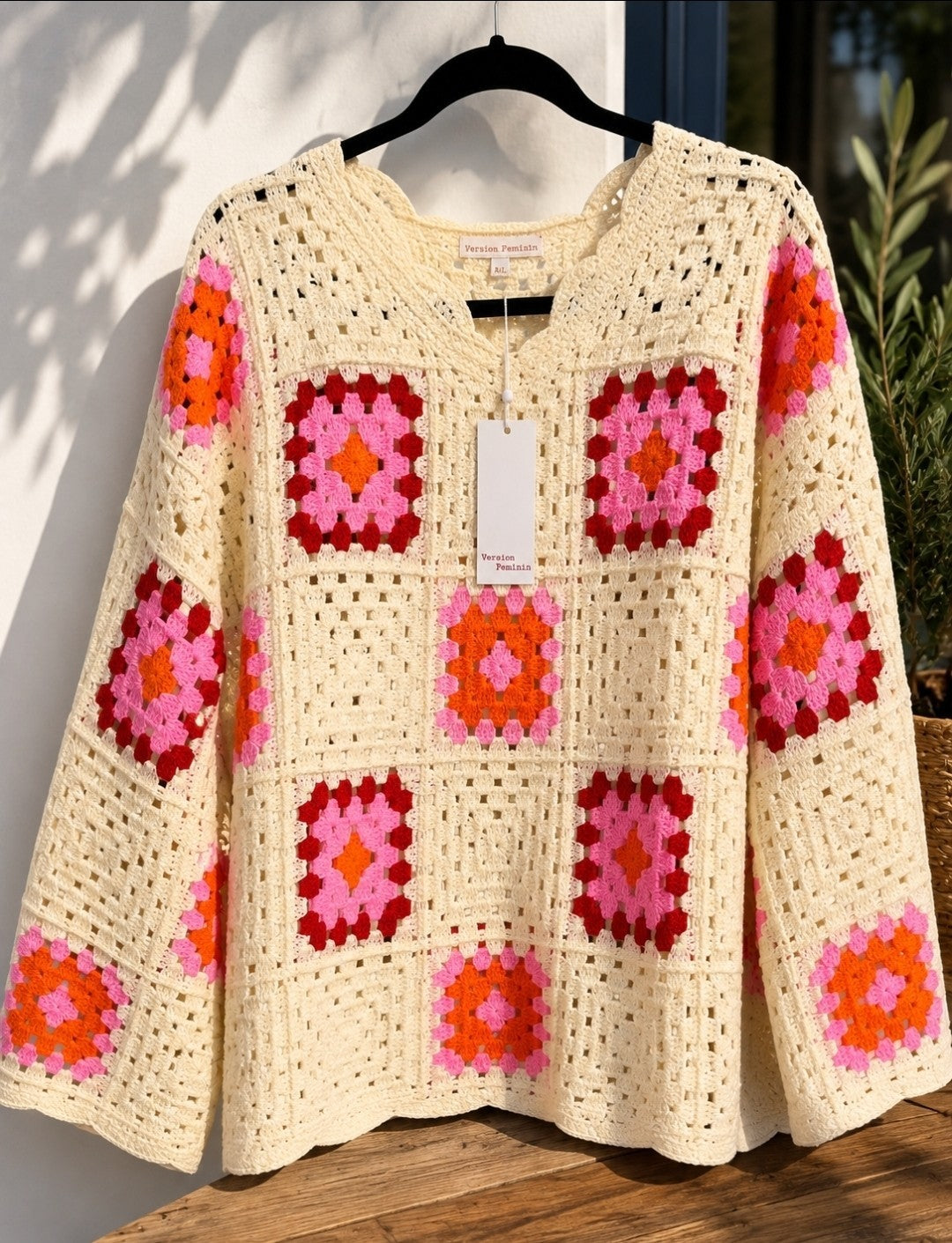Boho Häkel Pullover Oversize Creme Pink Orange Granny Squares Baumwolle Einheitsgröße – Produktbild 1