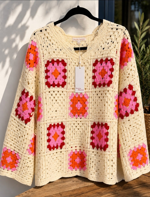 Boho Häkel Pullover Oversize Creme Pink Orange Granny Squares Baumwolle Einheitsgröße – Produktbild 1