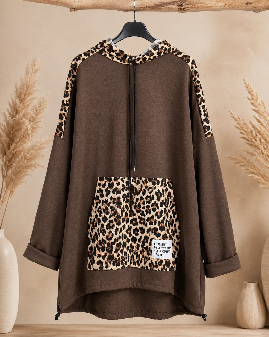 Damen Oversize Sweatshirt Tunika Schoko Leo Butterstoff Kapuze Größe 54/56 – Produktbild 1