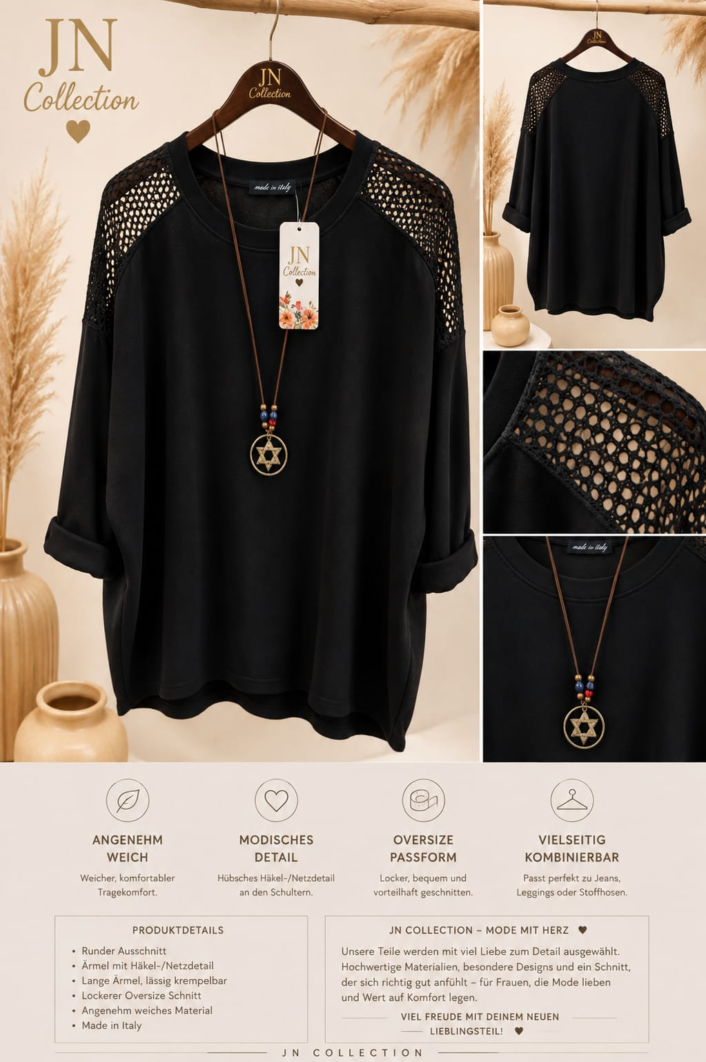Damen Oversize Shirt Butterstoff Netzdetail Kette Schwarz 42-54 Italy – Produktbild 1