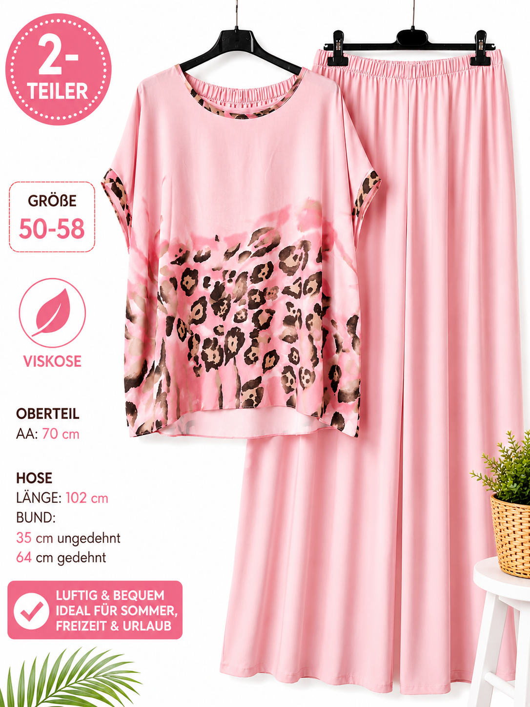 Damen 2-Teiler Rosa Viskose Oversize Set Sommer Schlupfhose Curvy Größe 50–58 – Produktbild 1