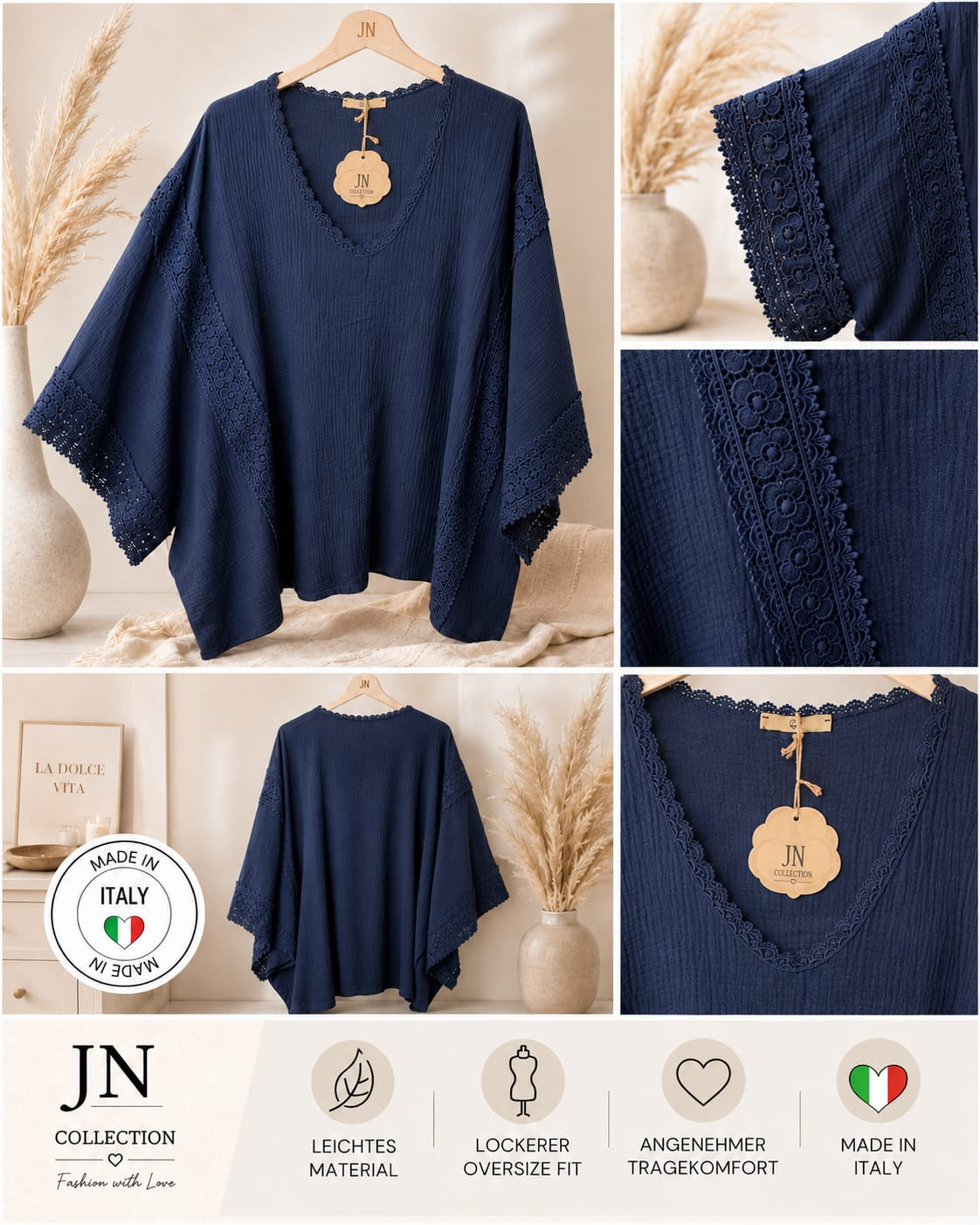 Damen Oversize Tunika Bluse Marineblau Spitze 48-58 Boho Made in Italy XXL – Produktbild 1
