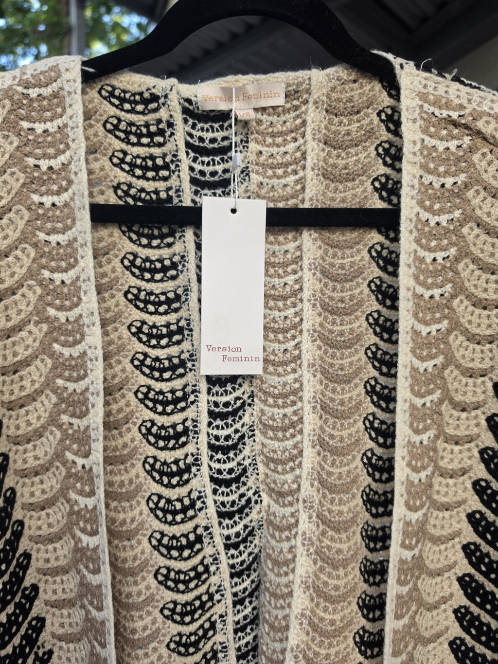 Boho Häkel-Cardigan L/XL Beige Schwarz Baumwolle Oversize Crochet Strickjacke – Produktbild 4