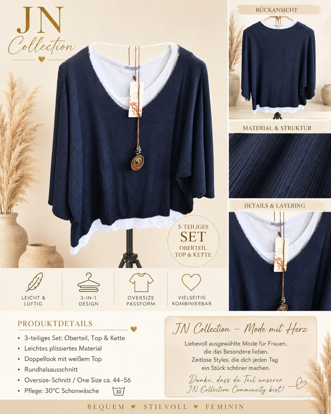 Damen 3-tlg Oversize Bluse Plissee Top Kette Marineblau 44-56 – Produktbild 1