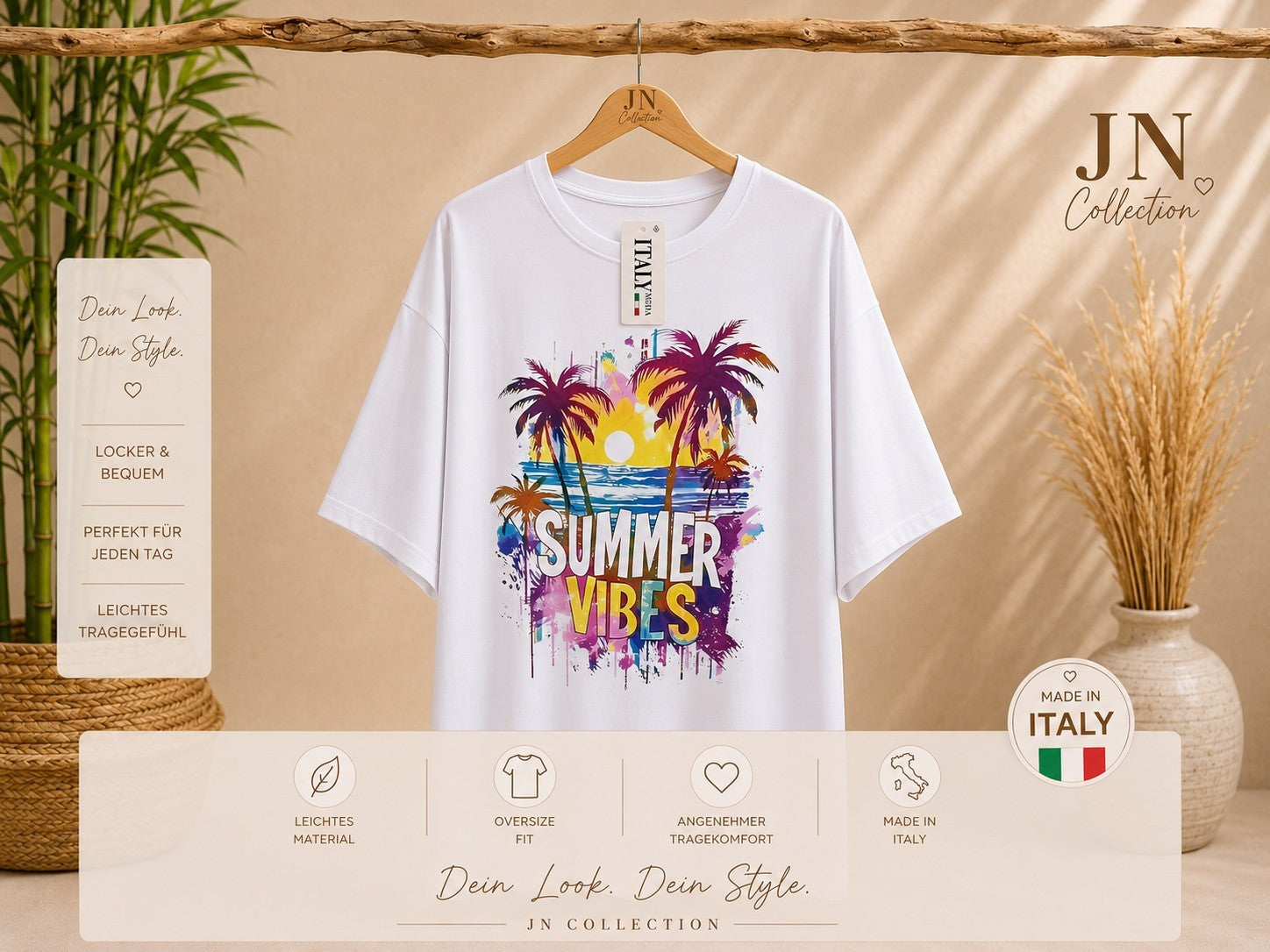 Damen Oversize T-Shirt Größe 44–58 Weiß Summer Vibes Palmen AA 75 Made in Italy – Produktbild 1