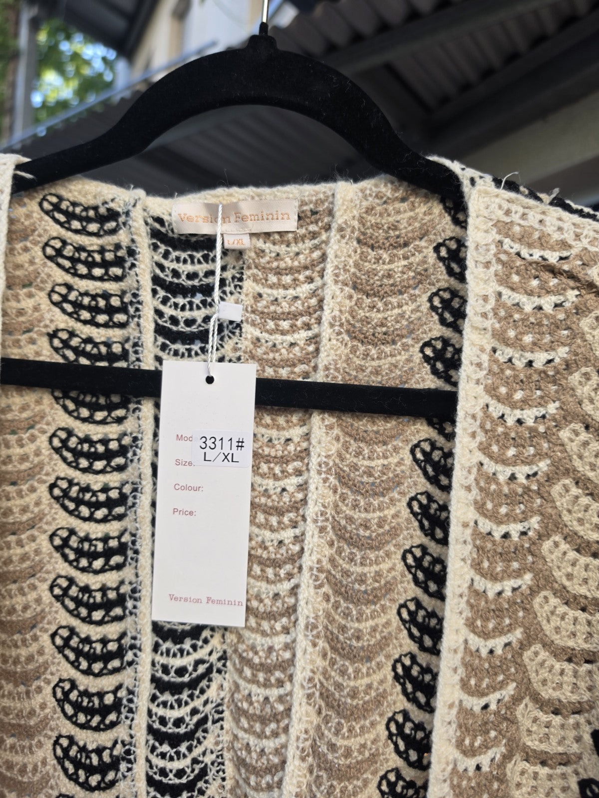 Boho Häkel-Cardigan L/XL Beige Schwarz Baumwolle Oversize Crochet Strickjacke – Produktbild 3