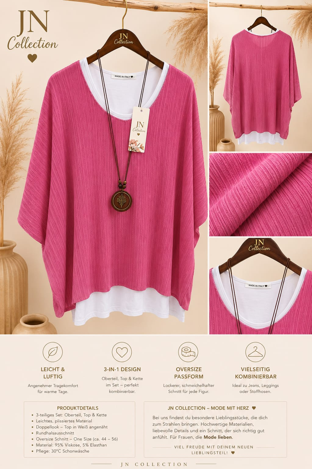 Damen 3-tlg Oversize Bluse Top Kette Pink 44-56 Italy – Produktbild 1