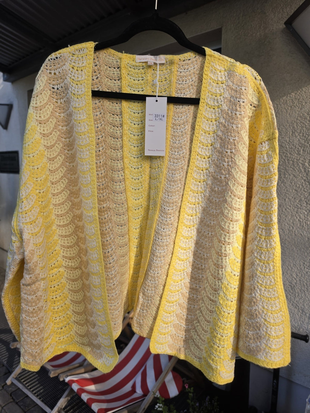 Version Feminin Häkelcardigan Oversize Gelb Beige Baumwolle L/XL Boho Sommer – Produktbild 3
