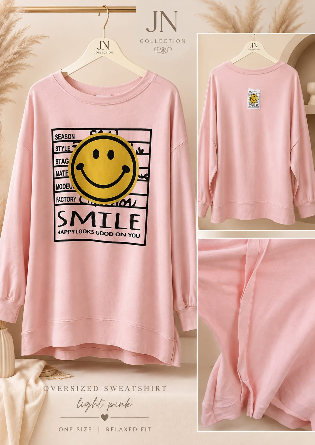 Damen Oversize Sweatshirt Rosa Smiley Baumwolle Langarm Pullover Statement – Produktbild 1