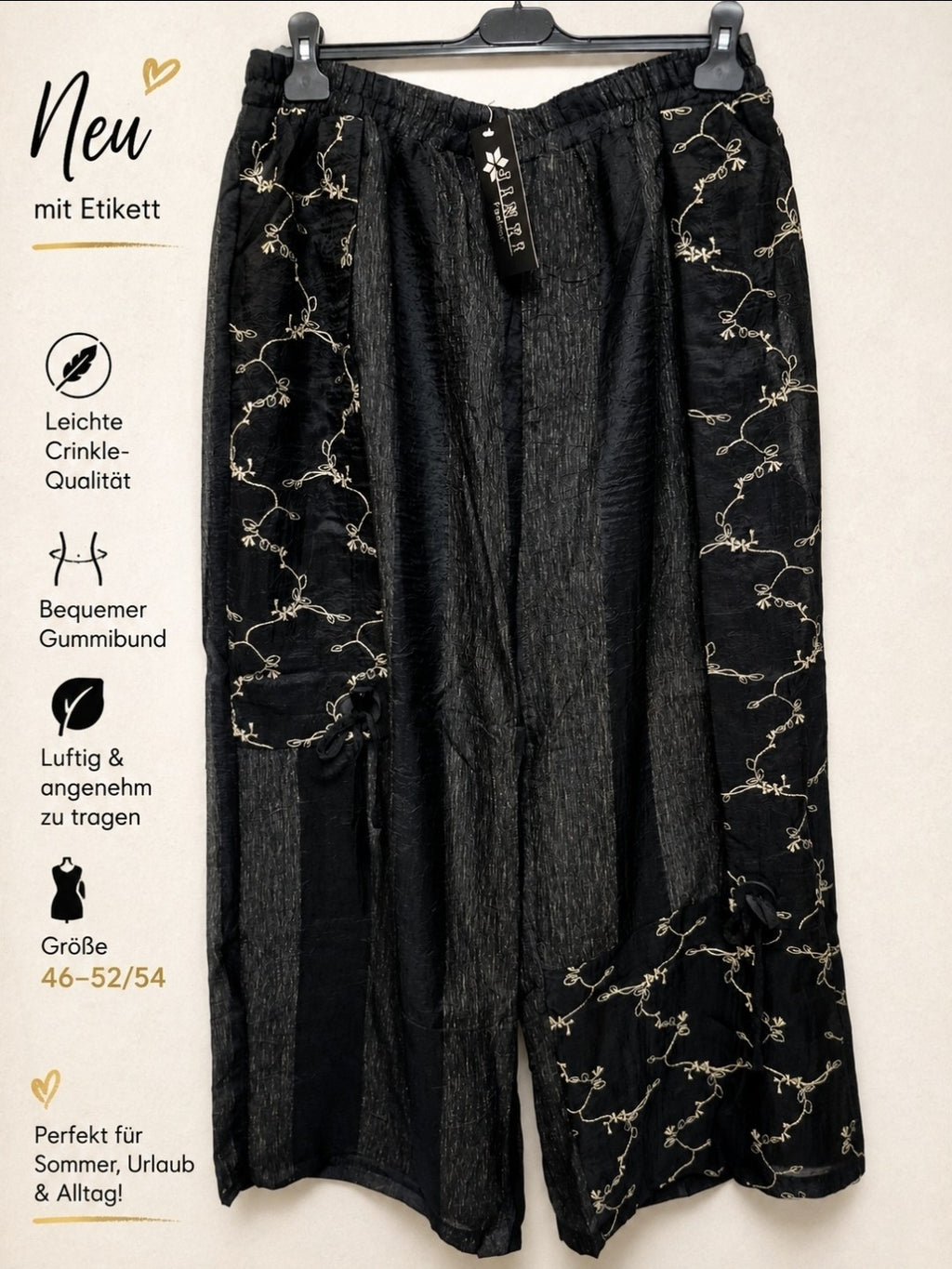 Damen Crinkle Hose Schwarz Stickerei Leinenlook Gummibund Größe 46–52/54 – Produktbild 2