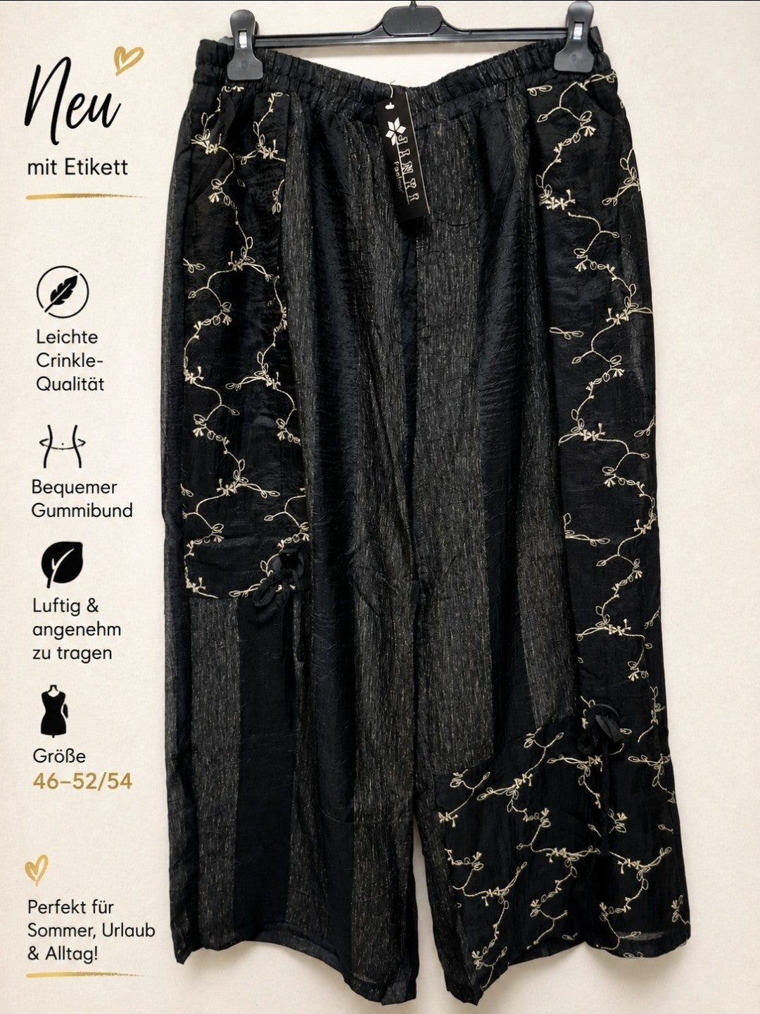 Damen Crinkle Hose Schwarz Stickerei Leinenlook Gummibund Größe 46–52/54 – Produktbild 2
