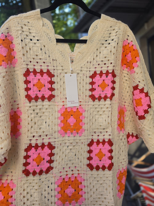 Boho Häkel Pullover Oversize Creme Pink Orange Granny Squares Baumwolle Einheitsgröße – Produktbild 2