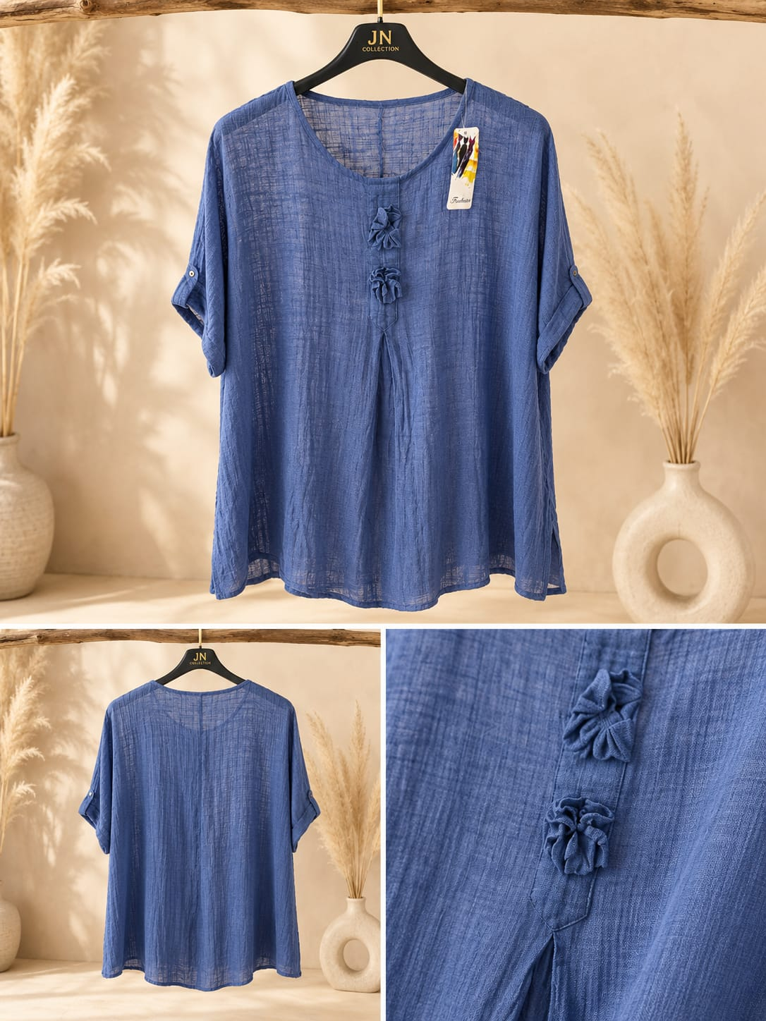 Damen Oversize Bluse Tunika Jeansblau Baumwolle Blumen Made in Italy – Produktbild 1