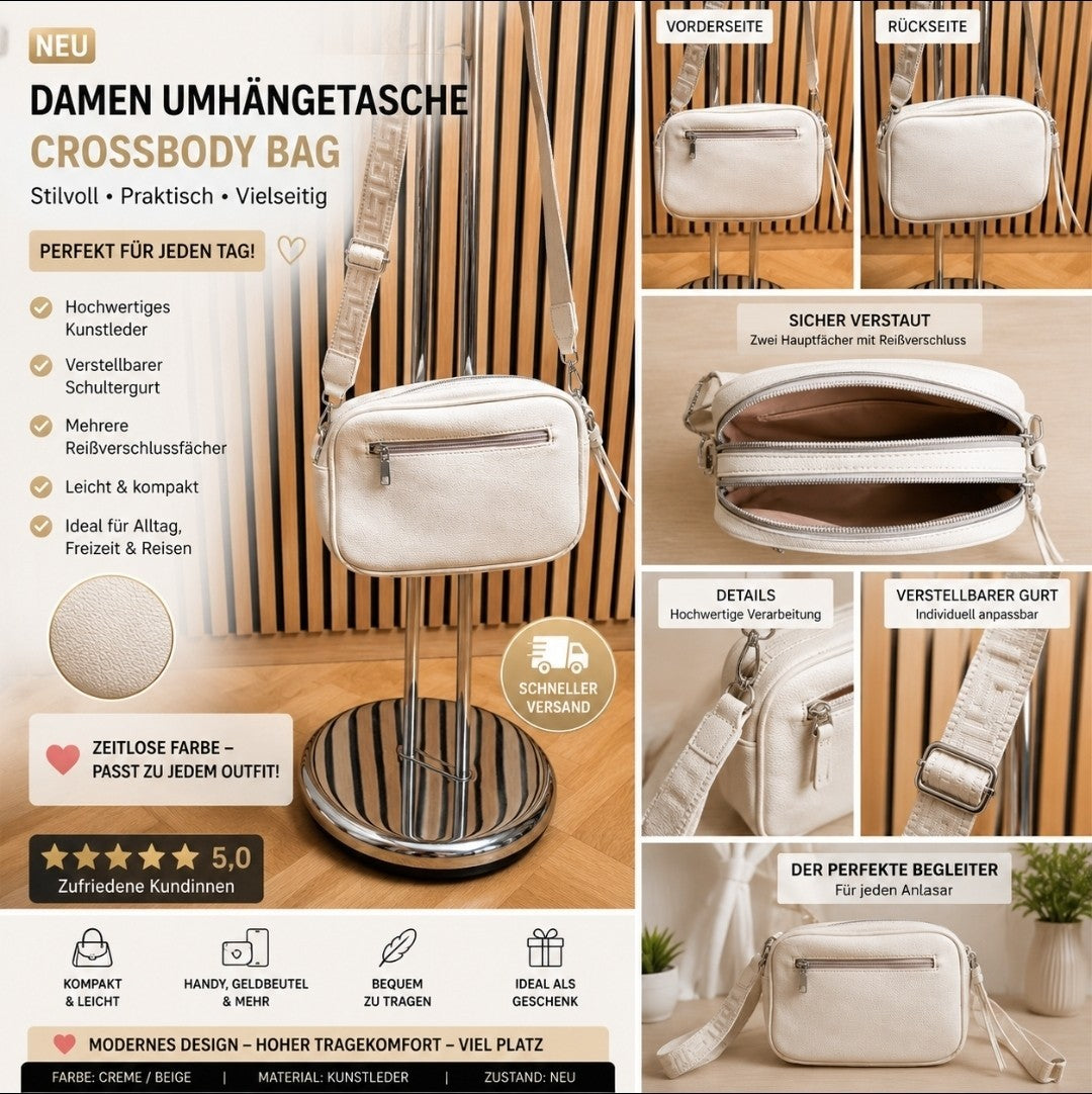 Damen Umhängetasche Creme Crossbody Tasche Kunstleder Schultertasche – Produktbild 1