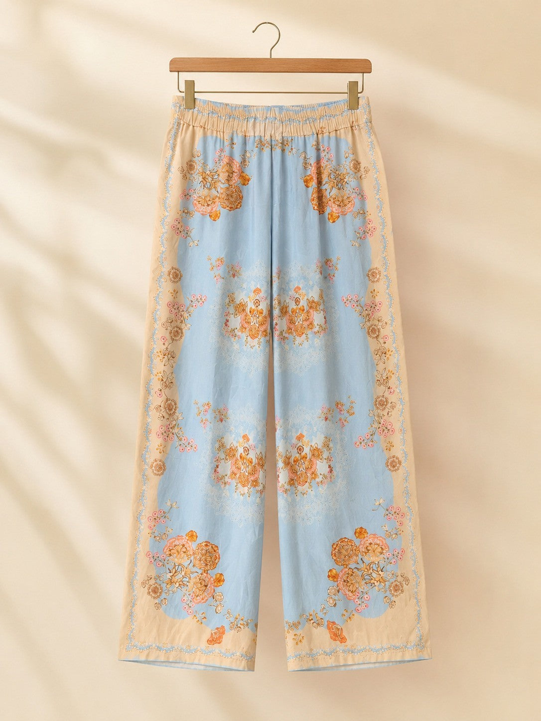 Gold & Silver Damen Hose floral Hellblau Beige Viskose Seide weit – Produktbild 1