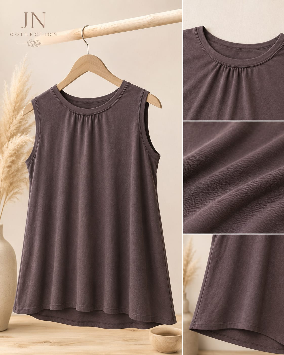 Damen Longtop Taupe A-Linie ärmellos Rundhals länger hinten Größe 36-40 – Produktbild 1