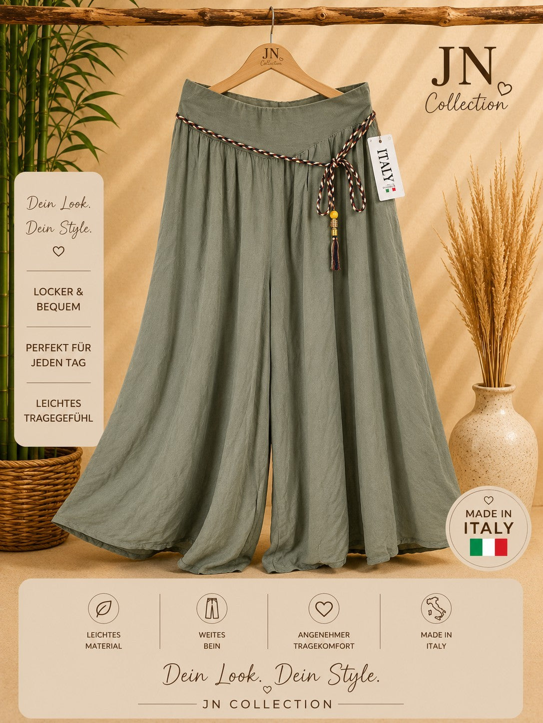 Damen Palazzo Hose Khaki Größe 54 56 Weites Bein Flechtgürtel Made in Italy – Produktbild 1