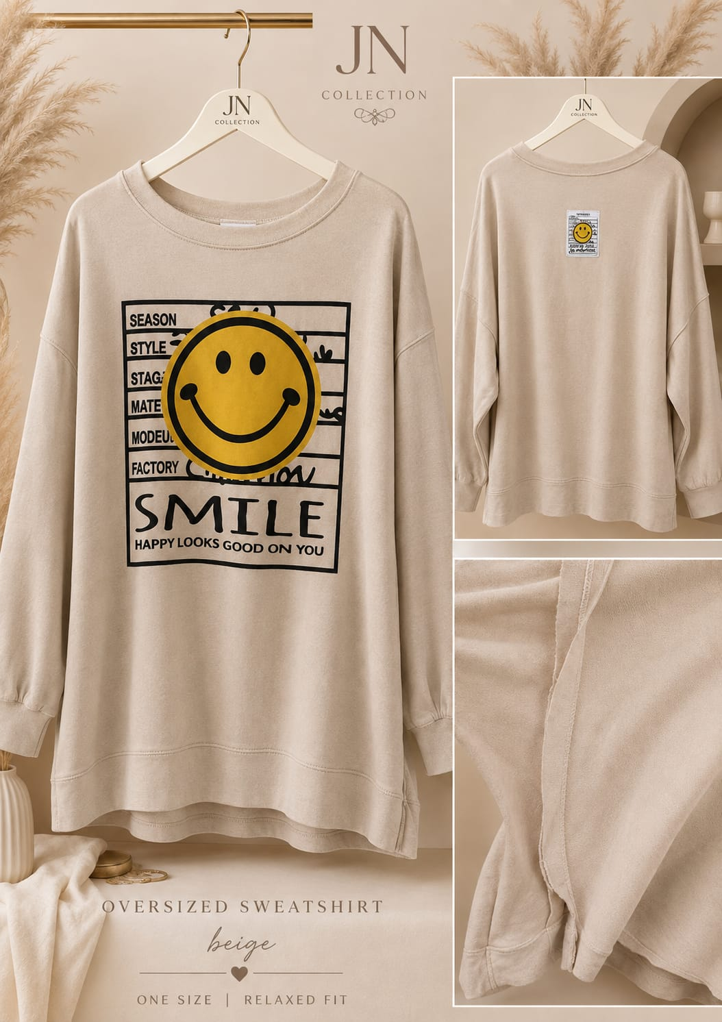 Damen Oversize Sweatshirt Beige Smiley Print Einheitsgröße Langarm Pullover – Produktbild 1