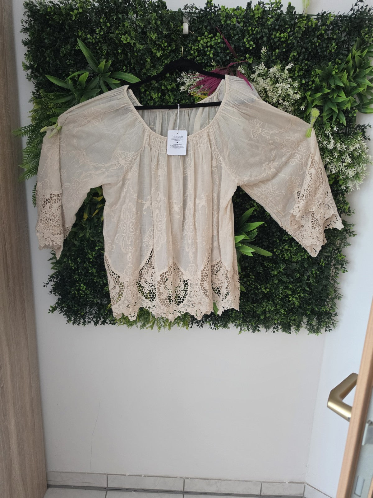 Boho Spitzenbluse Beige Creme Oversize Tunika Häkelspitze Größe 46–54 Italy – Produktbild 2