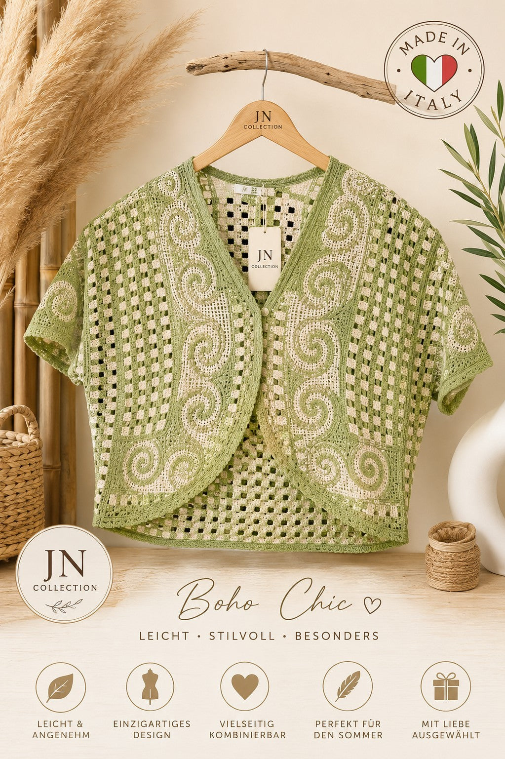 Damen Boho Häkeljacke Lochmuster Cardigan Baumwolle Größe 40–50 – Produktbild 1