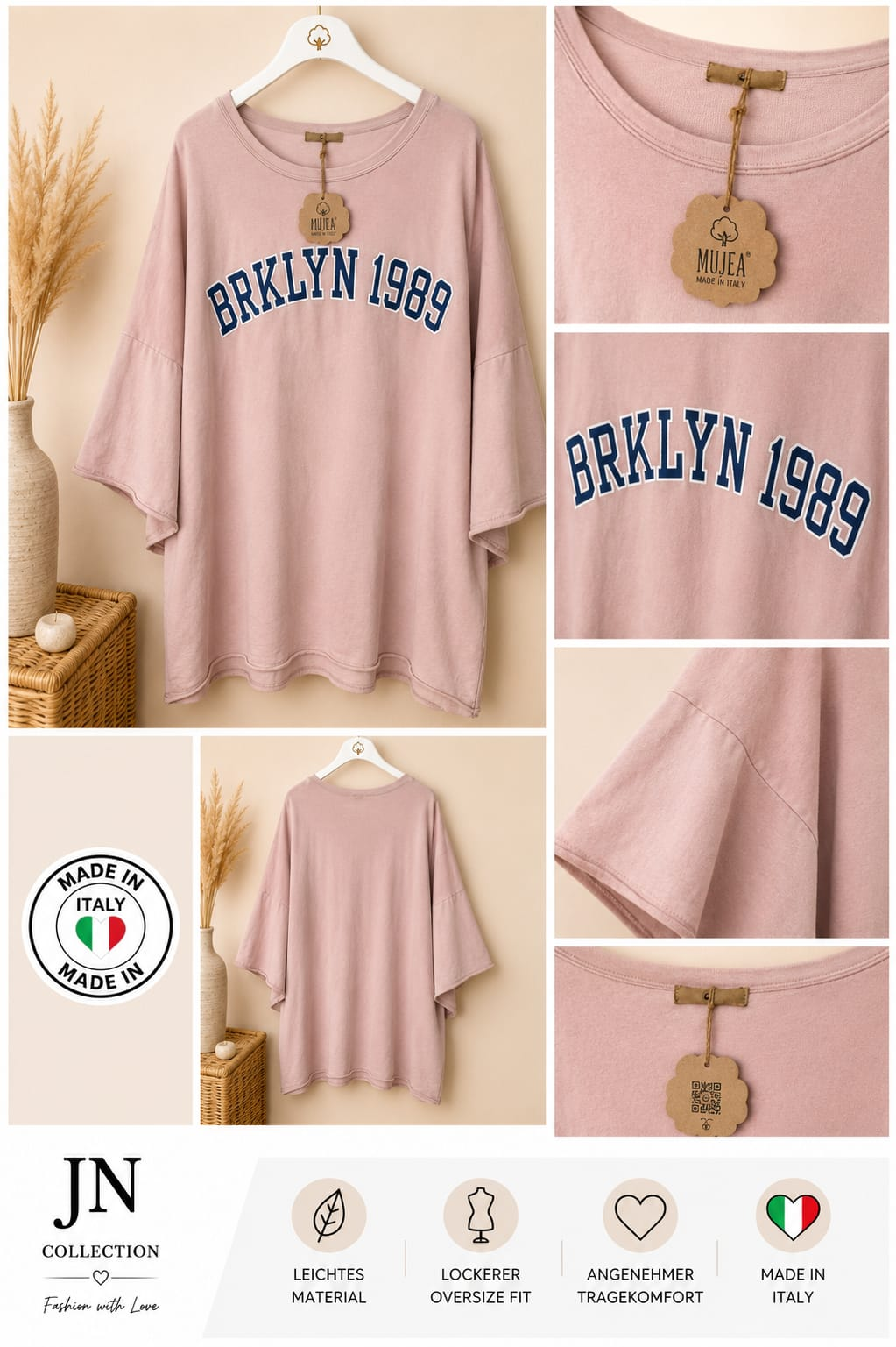 Damen Oversize Shirt BROOKLYN 1989 Altrosa Vintage Look Größe 48–56 Made Italy – Produktbild 1