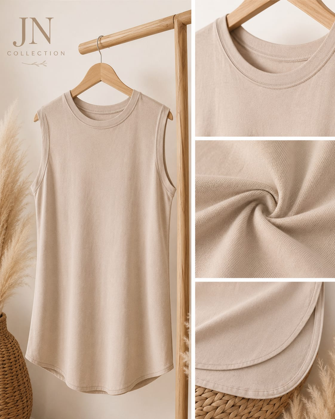 Damen Longtop Beige Ärmellos Rundhals Longshirt abgerundeter Saum Größe 36-40 – Produktbild 1