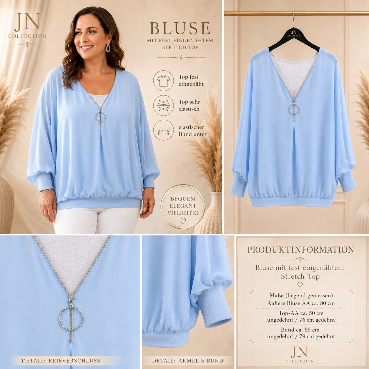Damen Bluse Stretch-Top V-Ausschnitt Reißverschluss Curvy Made in Italy – Produktbild 1