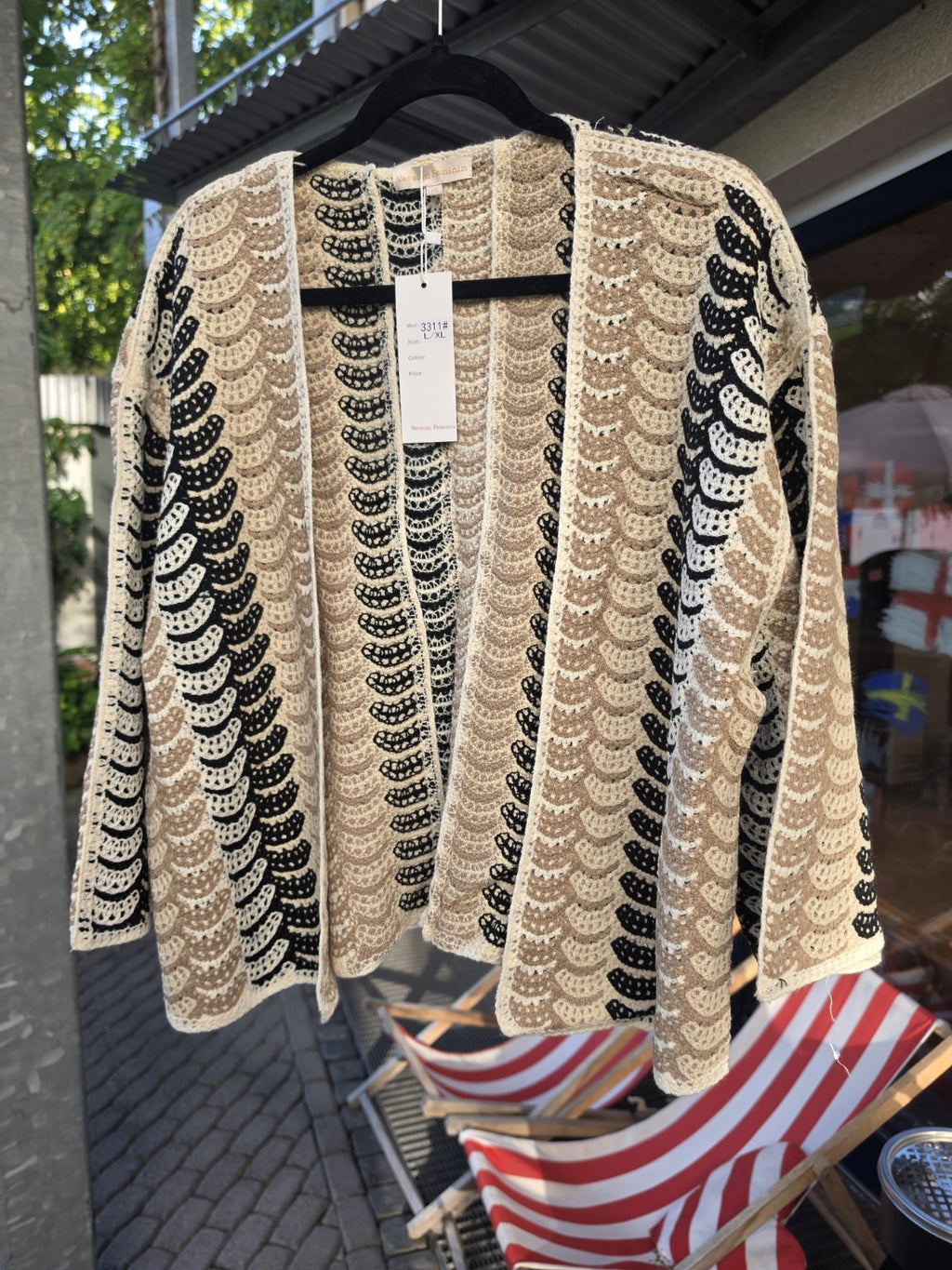 Boho Häkel-Cardigan L/XL Beige Schwarz Baumwolle Oversize Crochet Strickjacke – Produktbild 2