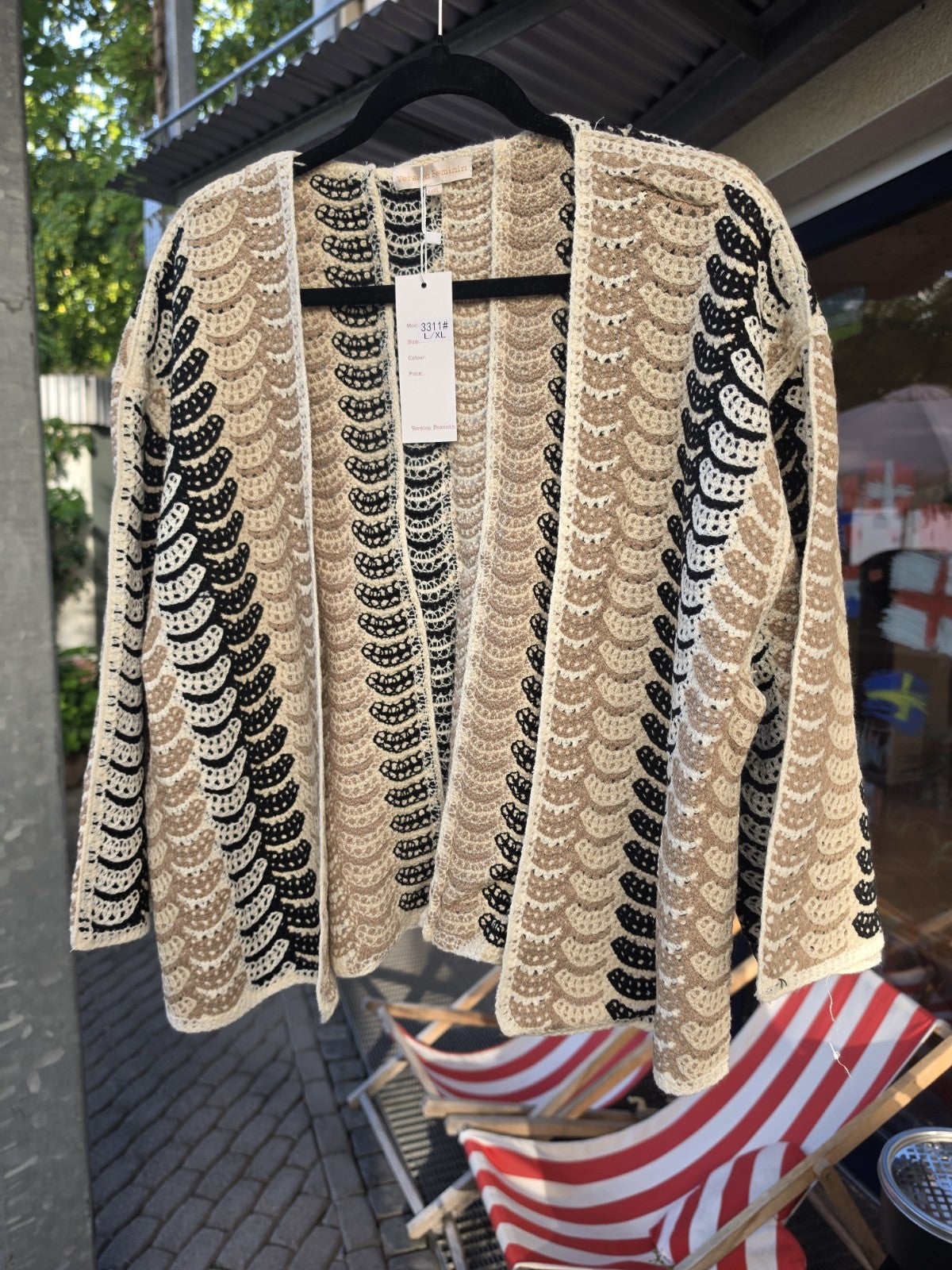 Boho Häkel-Cardigan L/XL Beige Schwarz Baumwolle Oversize Crochet Strickjacke – Produktbild 2