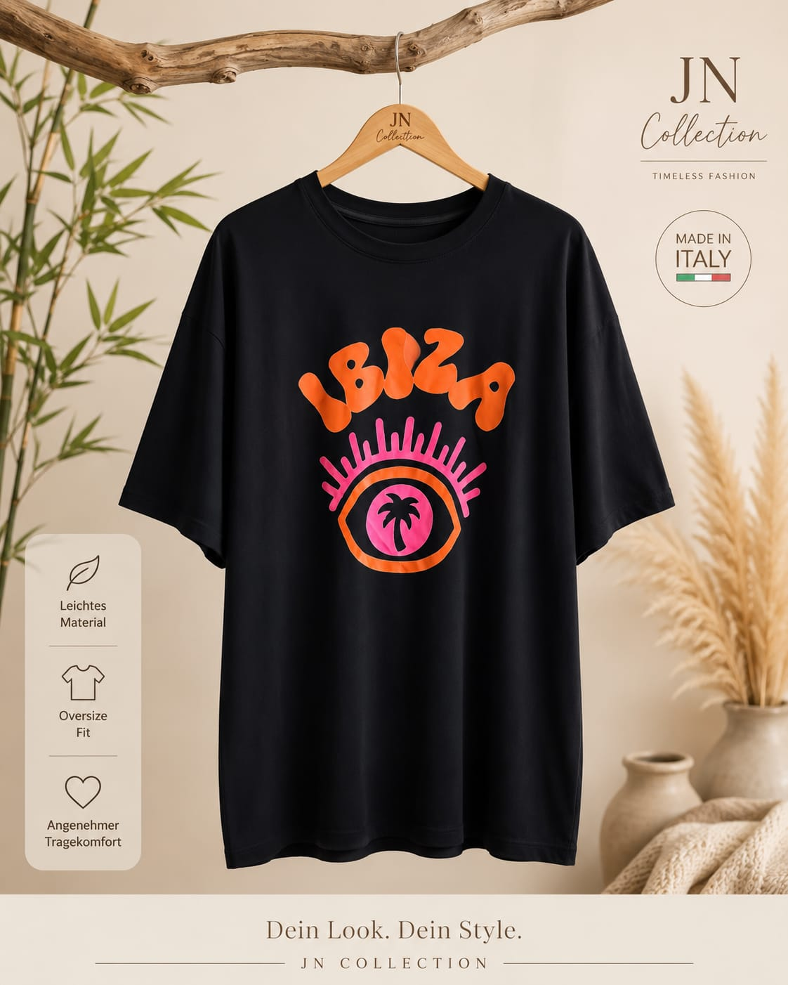 Damen Oversize T-Shirt Ibiza Schwarz Neon Print Palme Gr 48-56 Made in Italy – Produktbild 1