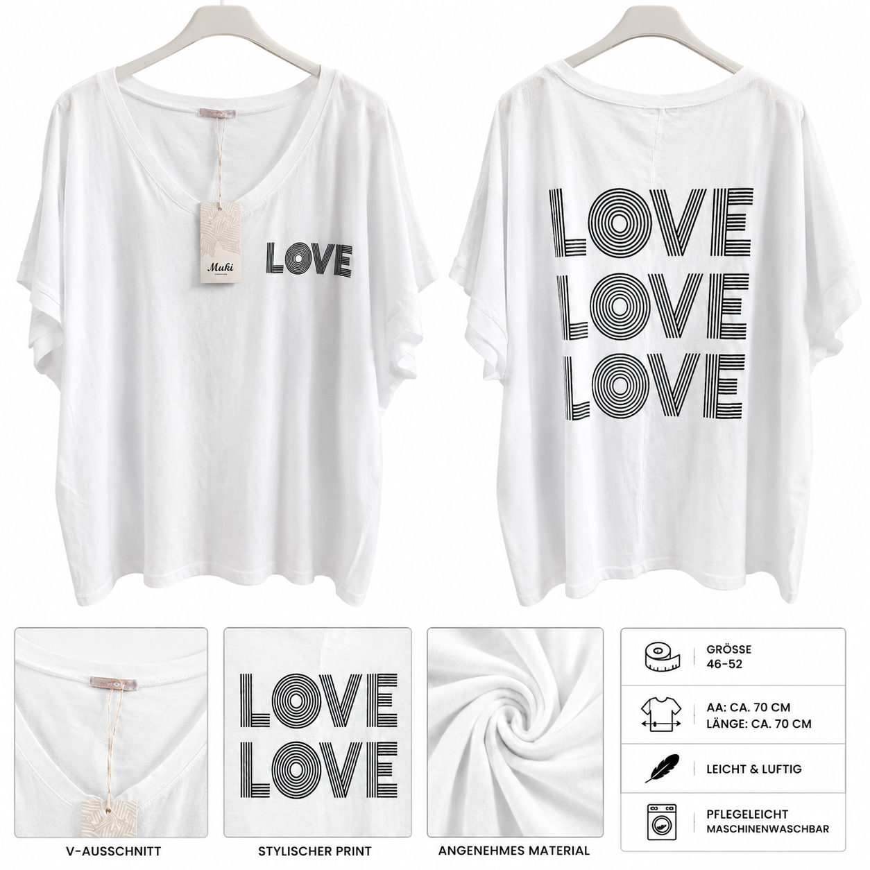 Damen Oversize Shirt LOVE Weiß V-Ausschnitt Rückenprint 46 48 50 52 – Produktbild 1