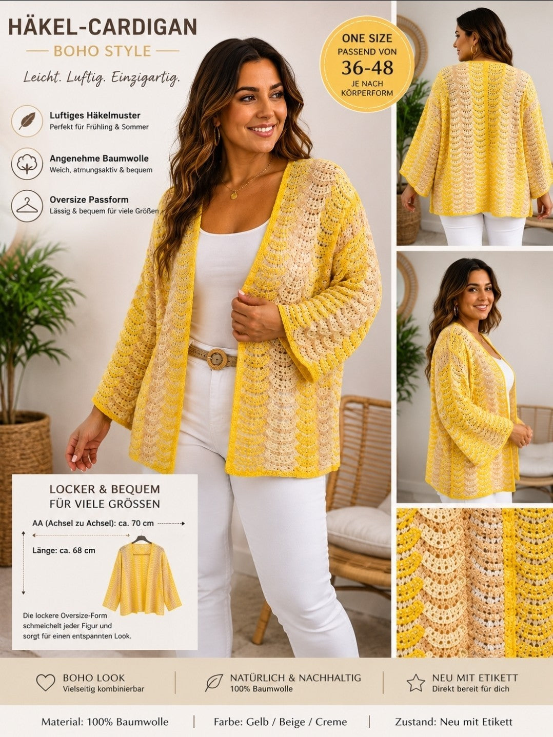 Version Feminin Häkelcardigan Oversize Gelb Beige Baumwolle L/XL Boho Sommer – Produktbild 1