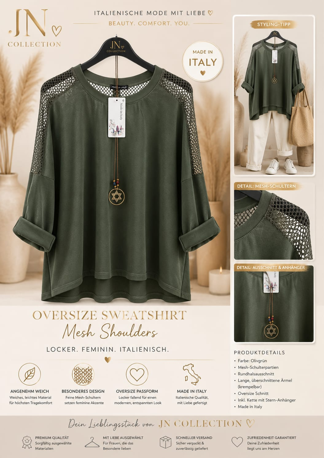 Damen Oversize Sweatshirt Butterstoff Mesh Sternkette Olivgrün 42-54 – Produktbild 1