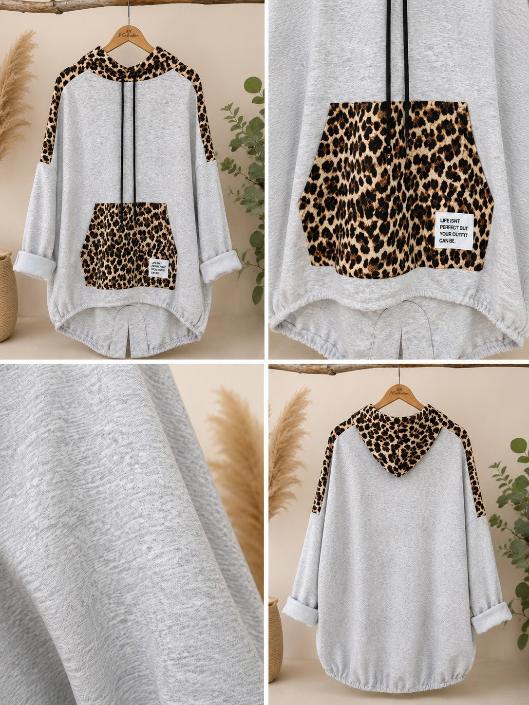 Damen Oversize Sweatshirt Tunika Grau Melange Leo Butterstoff Kapuze Größe 54/56 – Produktbild 2