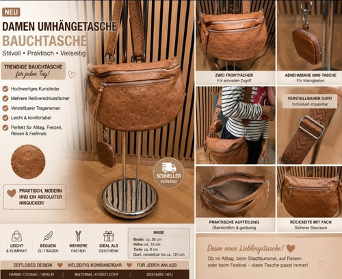 Damen Bauchtasche Cognac Crossbody Umhängetasche Kunstleder Festival – Produktbild 1
