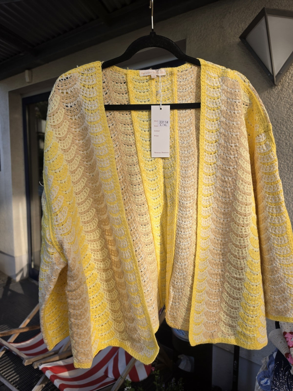 Version Feminin Häkelcardigan Oversize Gelb Beige Baumwolle L/XL Boho Sommer – Produktbild 4