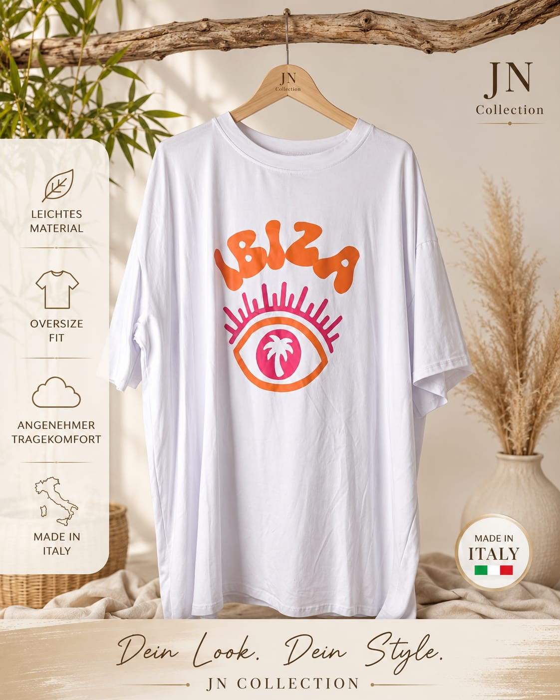 Damen Oversize T-Shirt Ibiza Weiß Neonprint Palme Gr 48-56 Made in Italy XXL – Produktbild 1