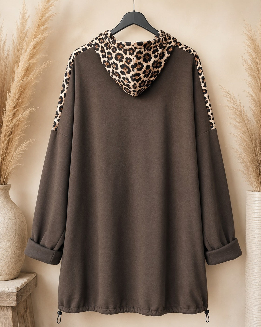 Damen Oversize Sweatshirt Tunika Schoko Leo Butterstoff Kapuze Größe 54/56 – Produktbild 2
