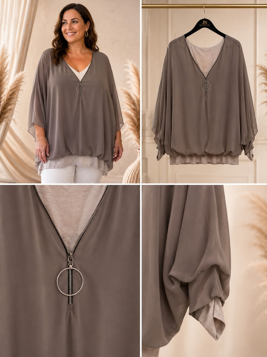Damen Bluse Stretch-Top V-Ausschnitt Reißverschluss Curvy Made in Italy – Produktbild 4