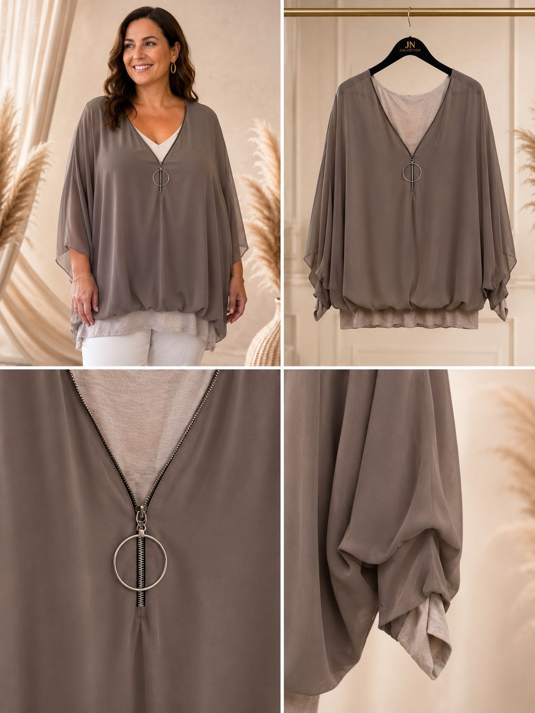 Damen Bluse Stretch-Top V-Ausschnitt Reißverschluss Curvy Made in Italy – Produktbild 4