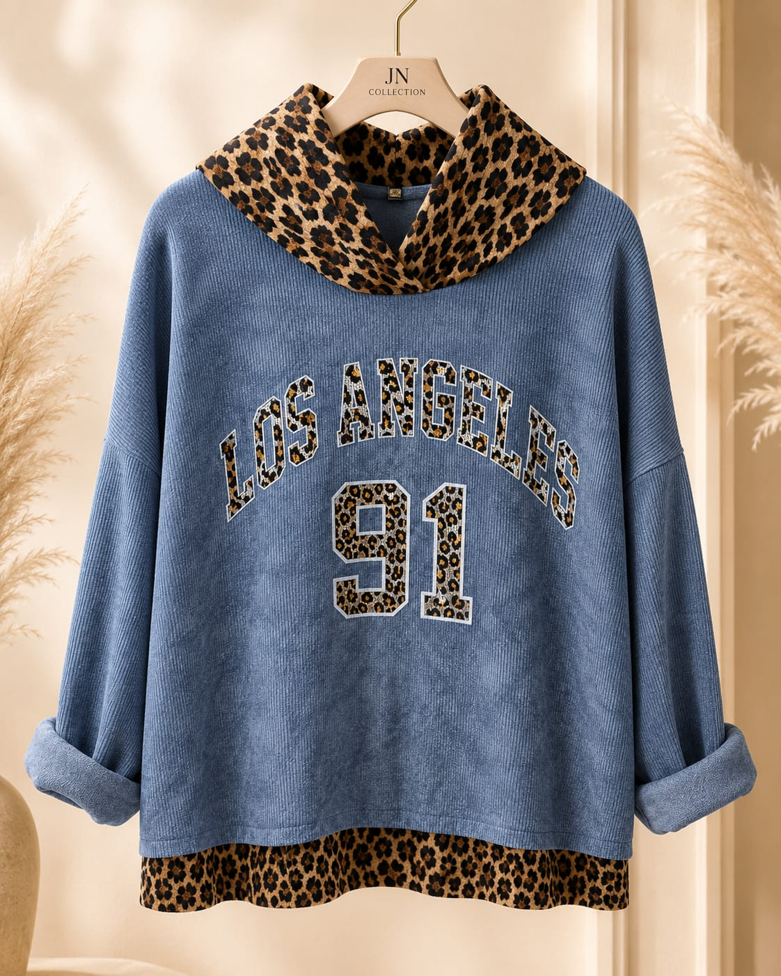 Damen Oversize Pullover Blau Leo Kapuze Los Angeles 91 Made in Italy – Produktbild 1