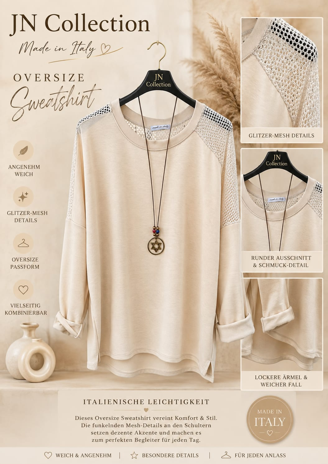 Moda Italy Damen Zweiteiler Butterstoff Netzdetail Sternkette Beige 42-54 – Produktbild 1