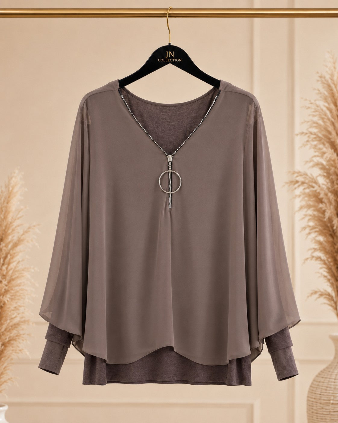 Damen Bluse Stretch-Top V-Ausschnitt Reißverschluss Curvy Made in Italy – Produktbild 2